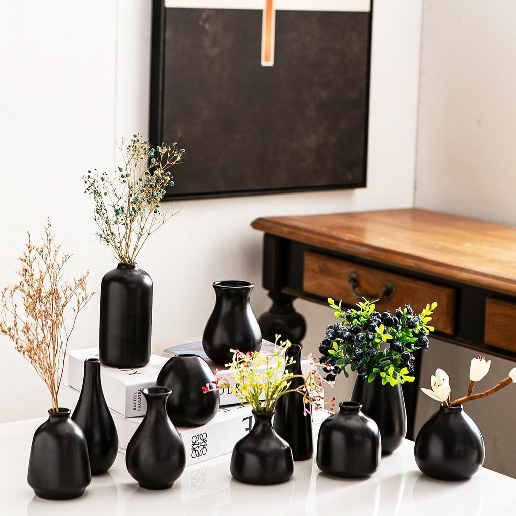 Ceramic Bud Vases, Black Mini Vase Set of 11, Small Pottery Vases for Flowers Mini Ceramic Vases for Pampas Grass Vase Bulk for Wedding Table Centerpieces Decoration Boho Home Decor