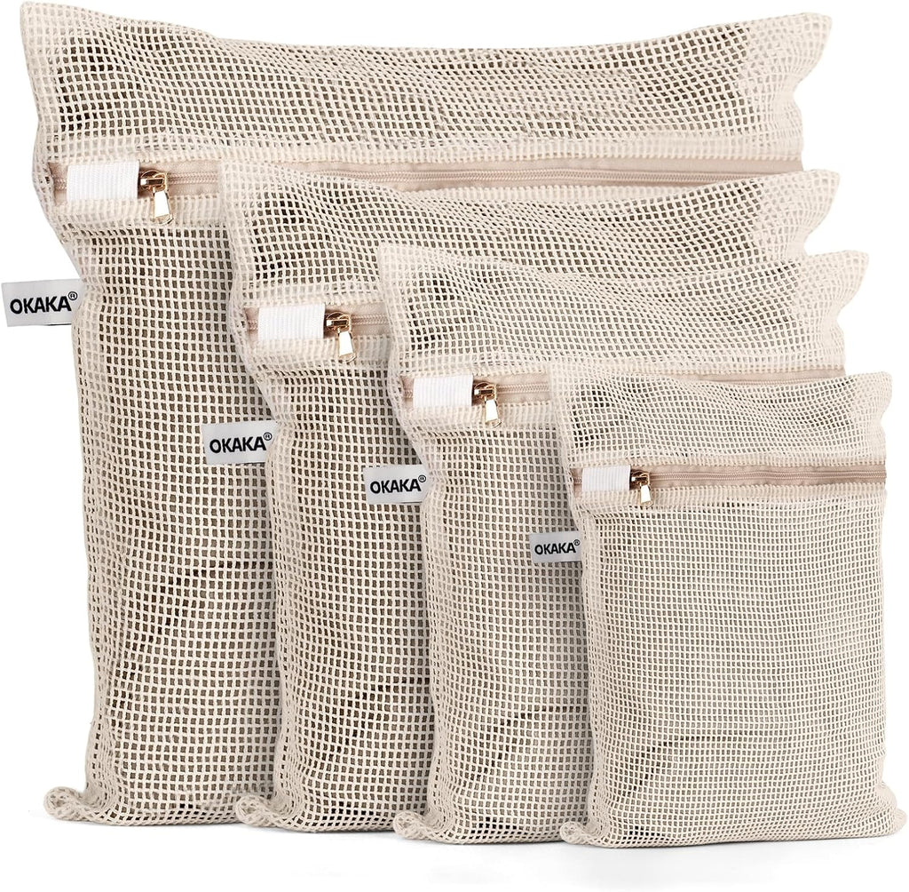 100% Cotton Mesh Laundry Bags, Premium Soft, No Dye, 4 Pcs, Natural
