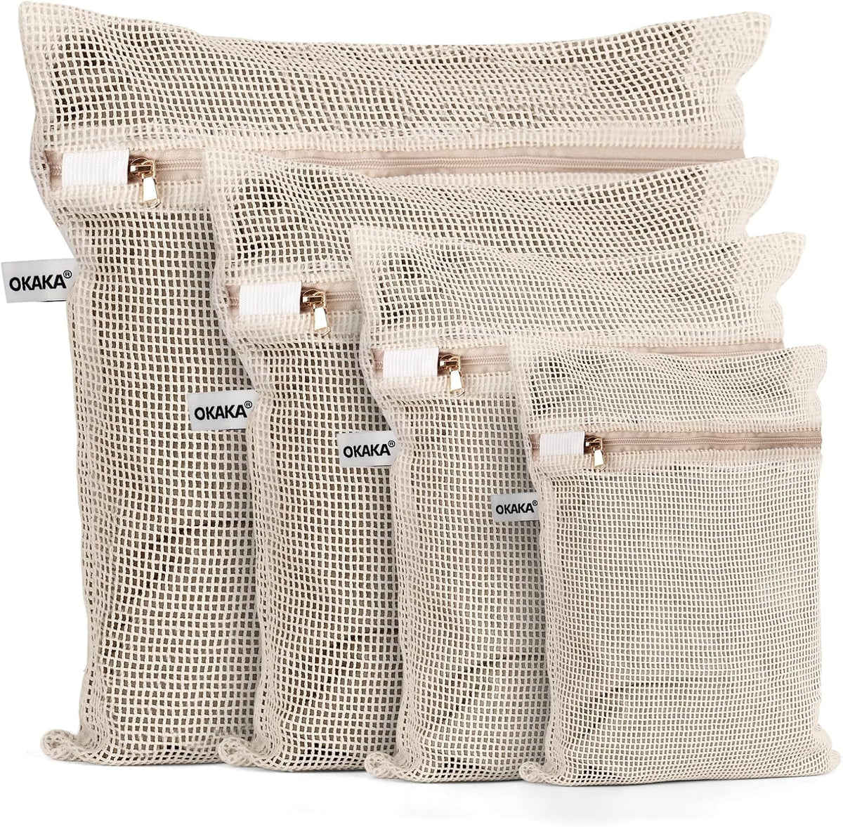 100% Cotton Mesh Laundry Bags, Premium Soft, No Dye, 4 Pcs, Natural