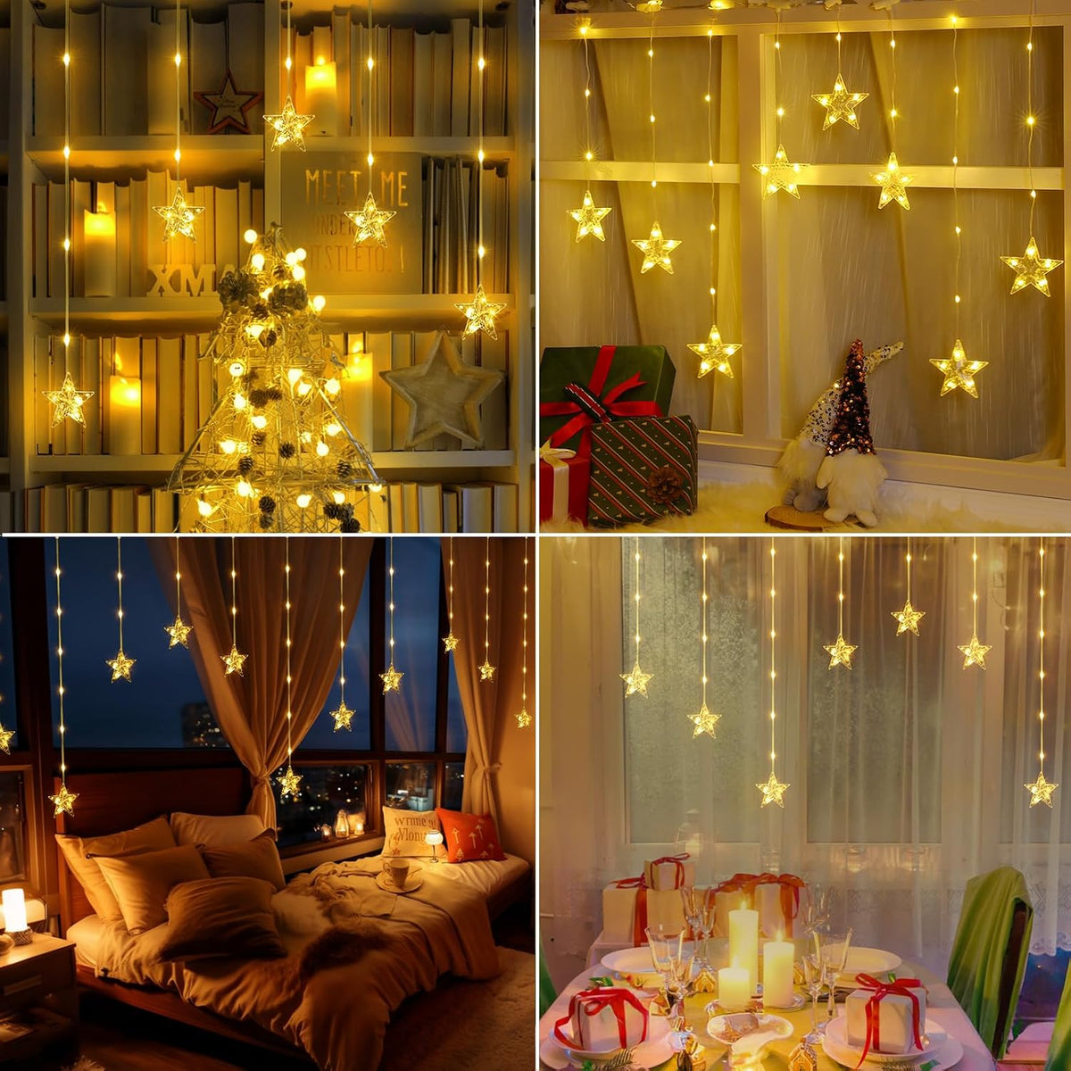 Marchpower 9 Stars Curtain Lights Warm White, IP65 Battery Operated Christmas Star Window Curtains with Timer & Memory Function, 76 LED String Lights with 8 Modes and 10 Hooks for Xmas Decor