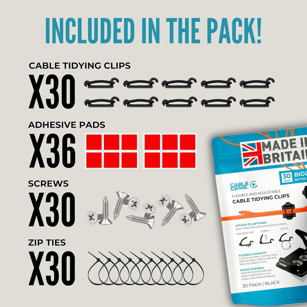 [Made in the UK] 30-Pack Adjustable Elastic Self-Adhesive Cable Tidy Clips, Cable Management Organiser for Office, Home, Under Desk, Behind TV, Charging Phone, Laptop, PC, HDMI, USB (BLACK)