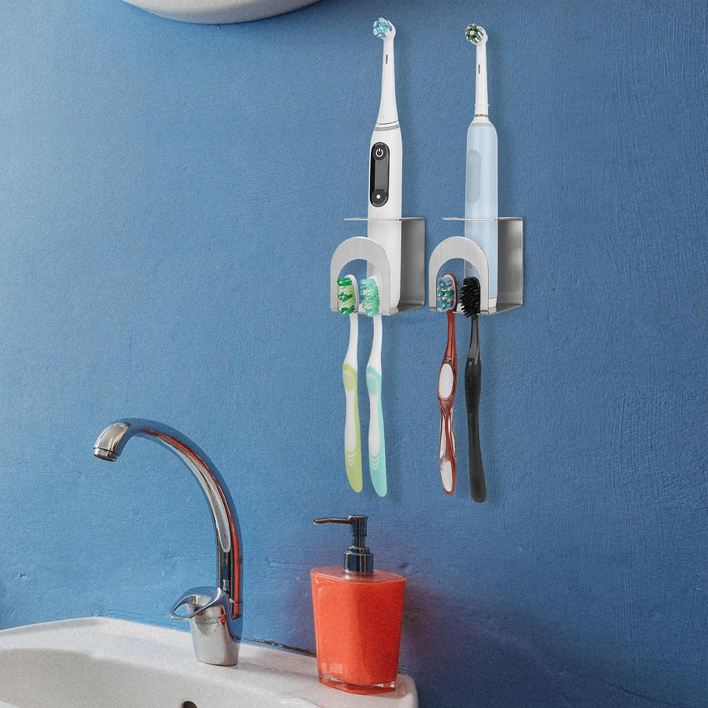 Linkidea 2 Pack Electric Toothbrush Holder Wall Mounted, Stainless Steel 3 in 1 Brush and Toothpaste Cup Holder, Self Adhesive Organizer for Bathroom Shower