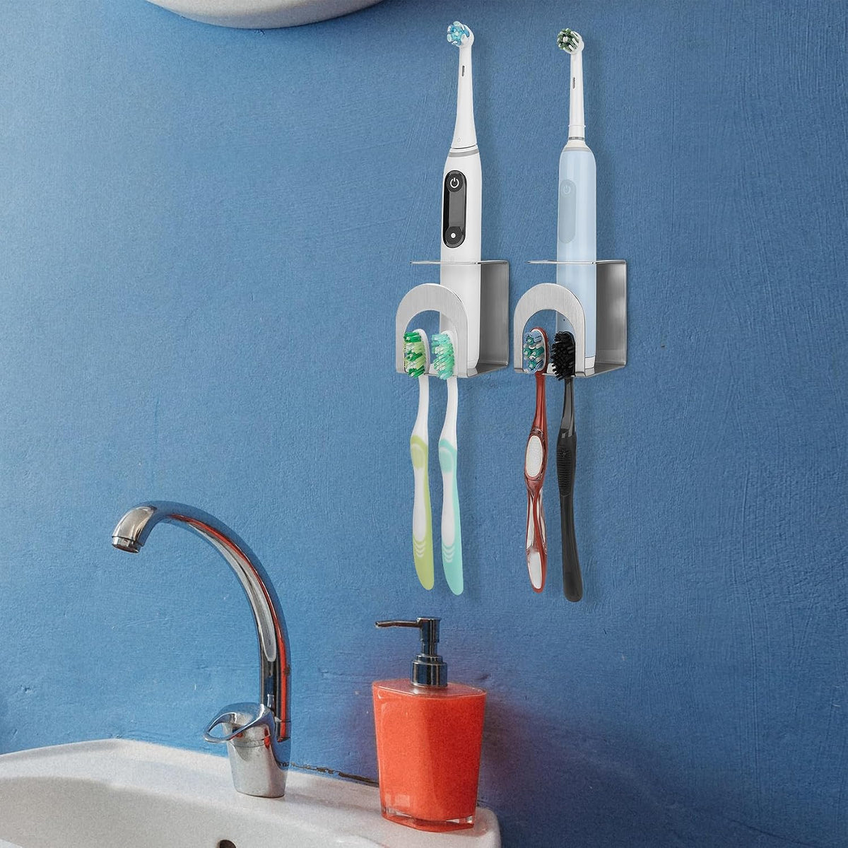 Linkidea 2 Pack Electric Toothbrush Holder Wall Mounted, Stainless Steel 3 in 1 Brush and Toothpaste Cup Holder, Self Adhesive Organizer for Bathroom Shower