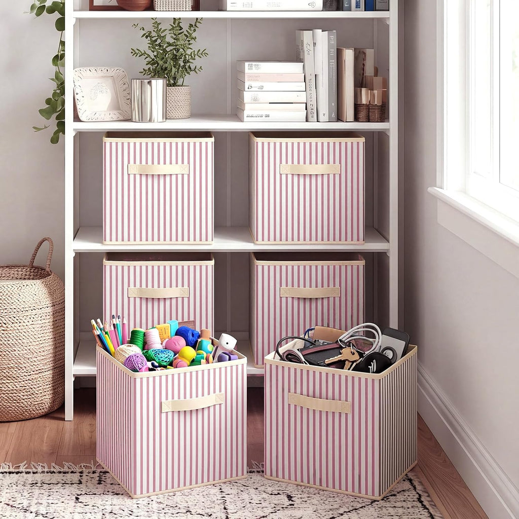 Amyhill 6 Pack Pink Striped Basics Collapsible Fabric Storage Bins