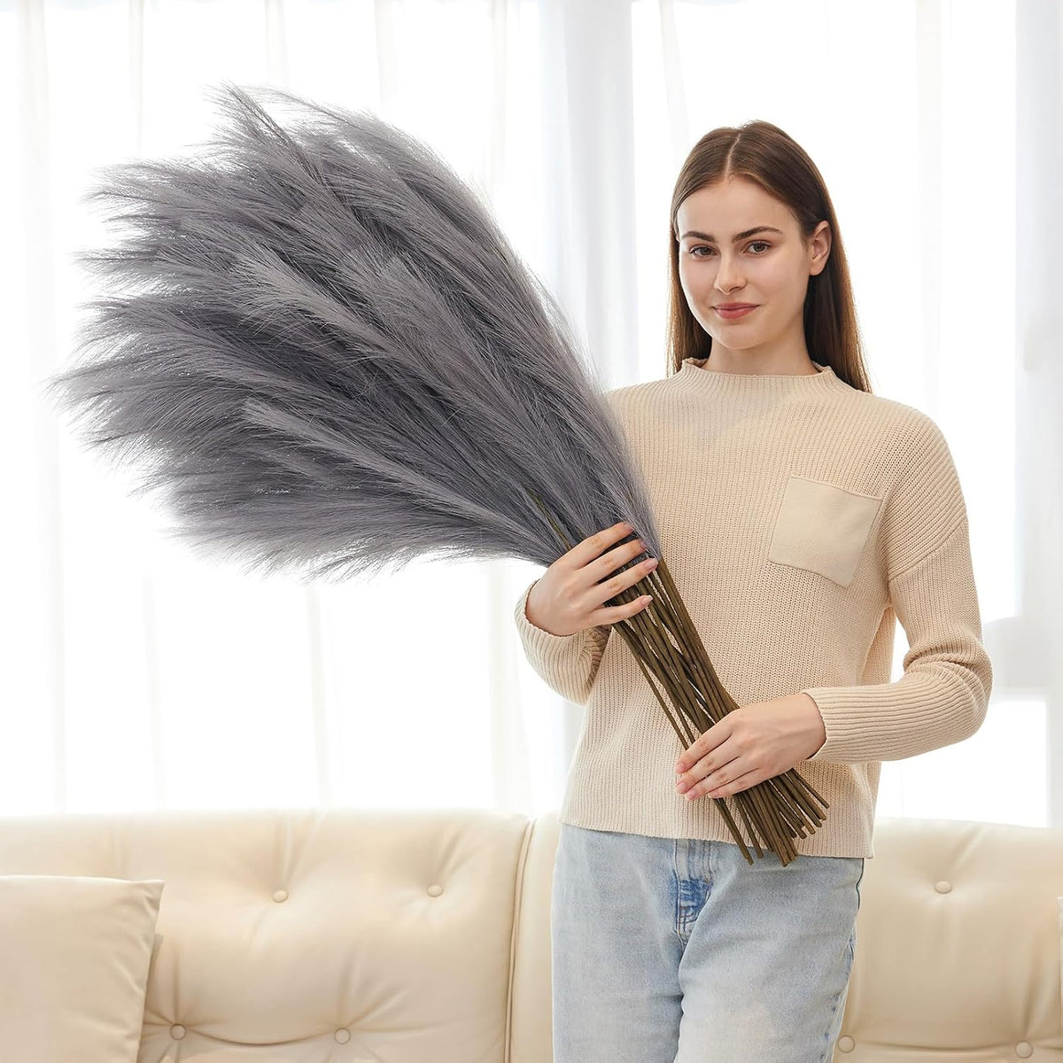 10 Pcs 39''/3.2FT Faux Pampas Grass Decor, Large Tall Fluffy Artificial Fake Flower, Bedroom Decor Boho Decor Pompas Floral for Vase Filler Farmhouse Home Wedding Decor (Grey)