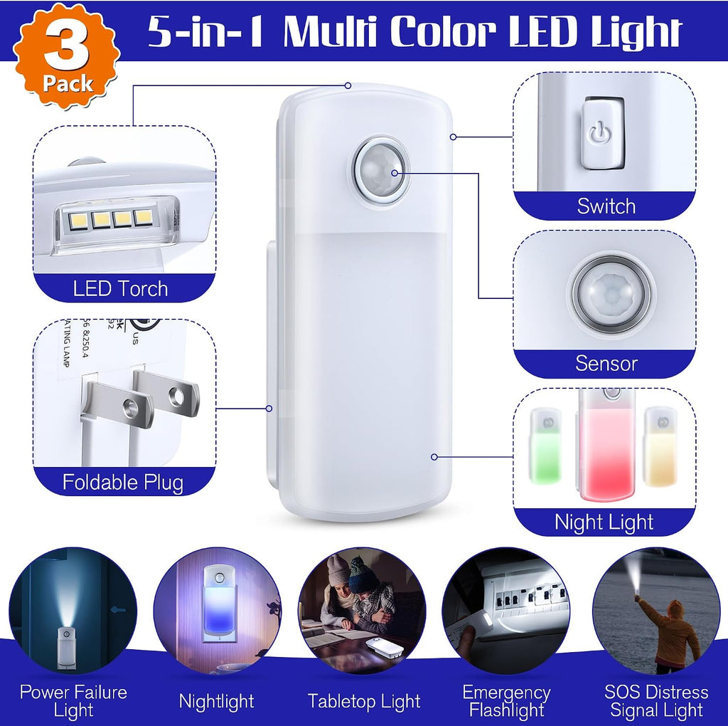 Enhon Emergency Power Failure 5-in-1 Multi Color LED Night Lights, 3 Pack