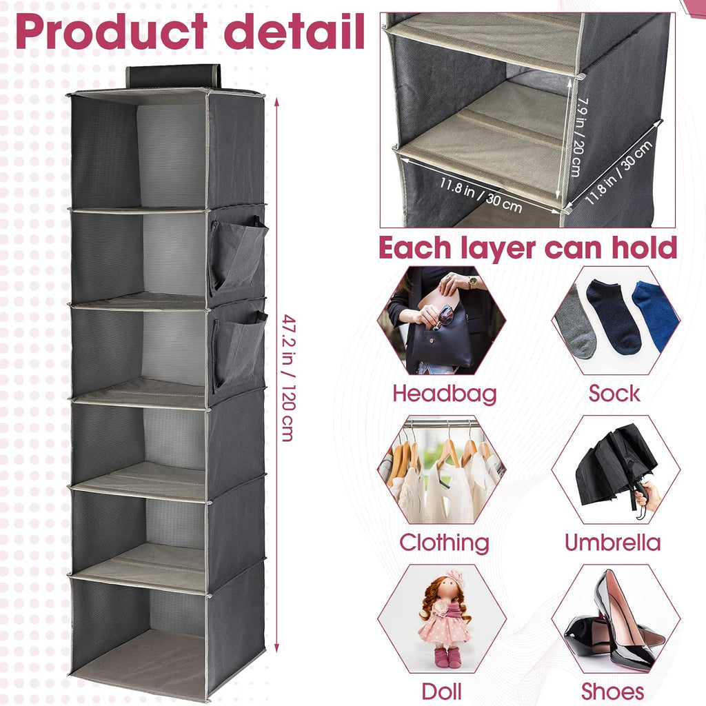 3 Pack Hanging Closet Organizers and Storage, 6 Shelf Hanging Clothing Shelves Collapsible Clothes Closet Organizer Storage Fabric Shelves with Side Pockets