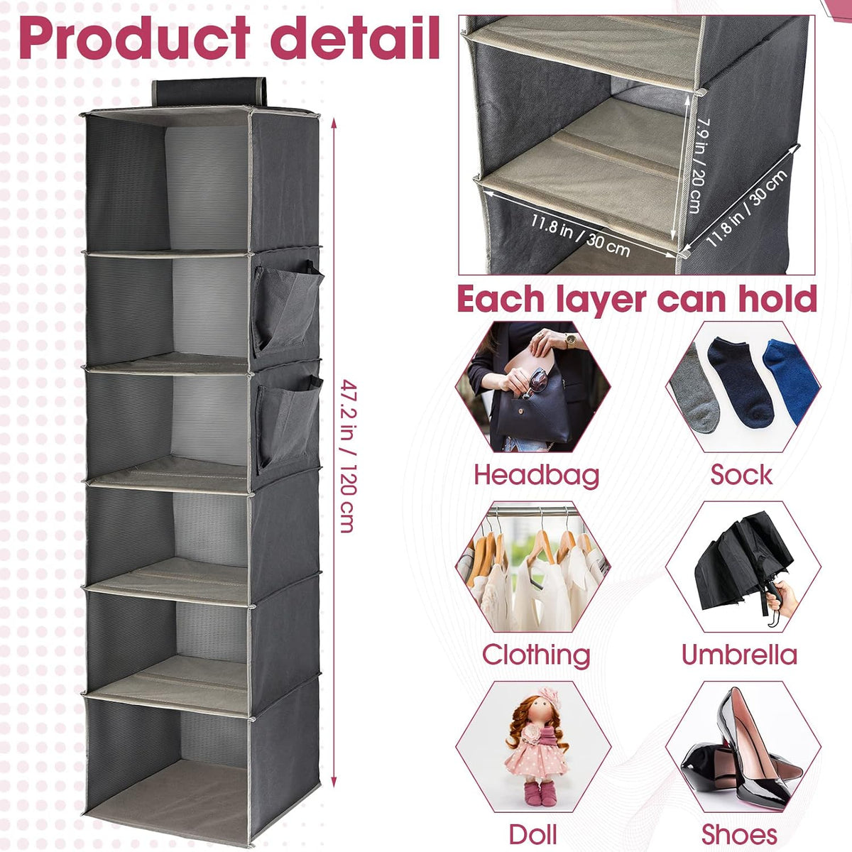 3 Pack Hanging Closet Organizers and Storage, 6 Shelf Hanging Clothing Shelves Collapsible Clothes Closet Organizer Storage Fabric Shelves with Side Pockets