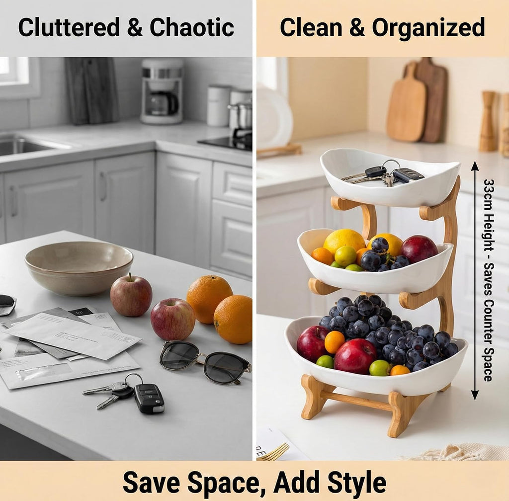 Bamboo Fruit Stand - 3 Tier Ceramic Fruit Bowls with Wooden Stand – Fruit Holder for Kitchen, Dining Table & Living Room – Decorative Countertop Organizer for Fruits, Vegetables & Snacks