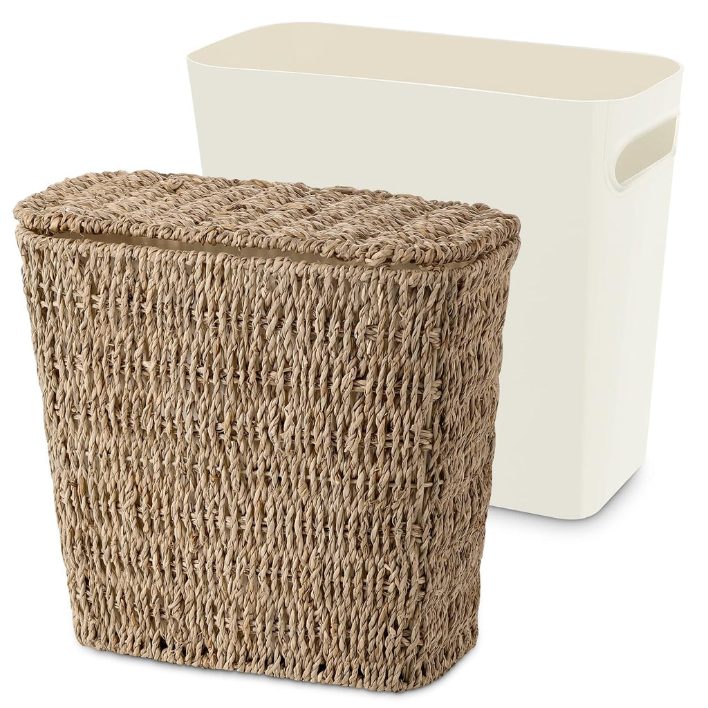 Wicker Waste Basket with Lid and Liner, Woven Seagrass Trash Can, Bathroom Trash Can, Boho Garbage Wastebasket for Bedroom Home Living Room Office Kitchen, 2.5 Gallon