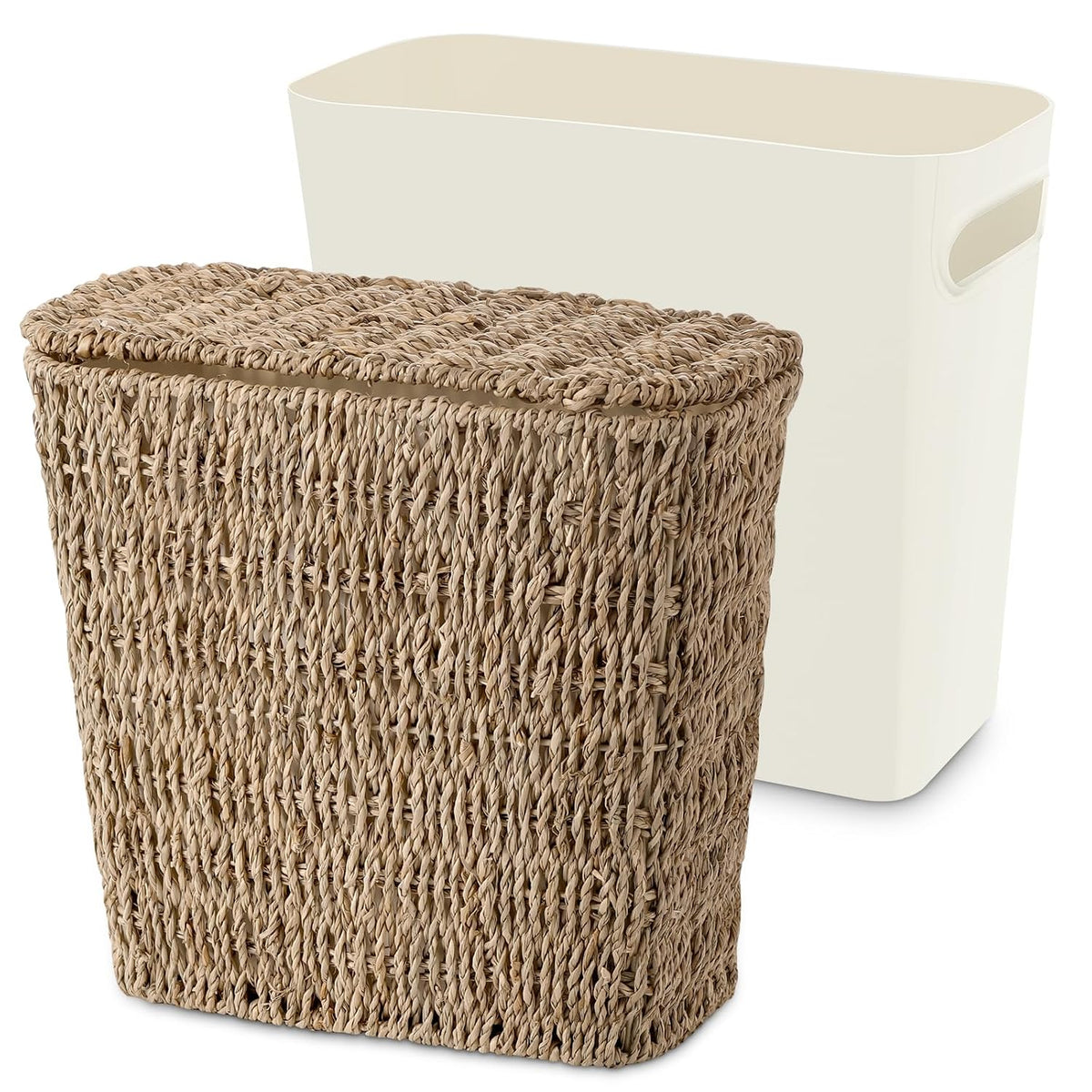 Wicker Waste Basket with Lid and Liner, Woven Seagrass Trash Can, Bathroom Trash Can, Boho Garbage Wastebasket for Bedroom Home Living Room Office Kitchen, 2.5 Gallon
