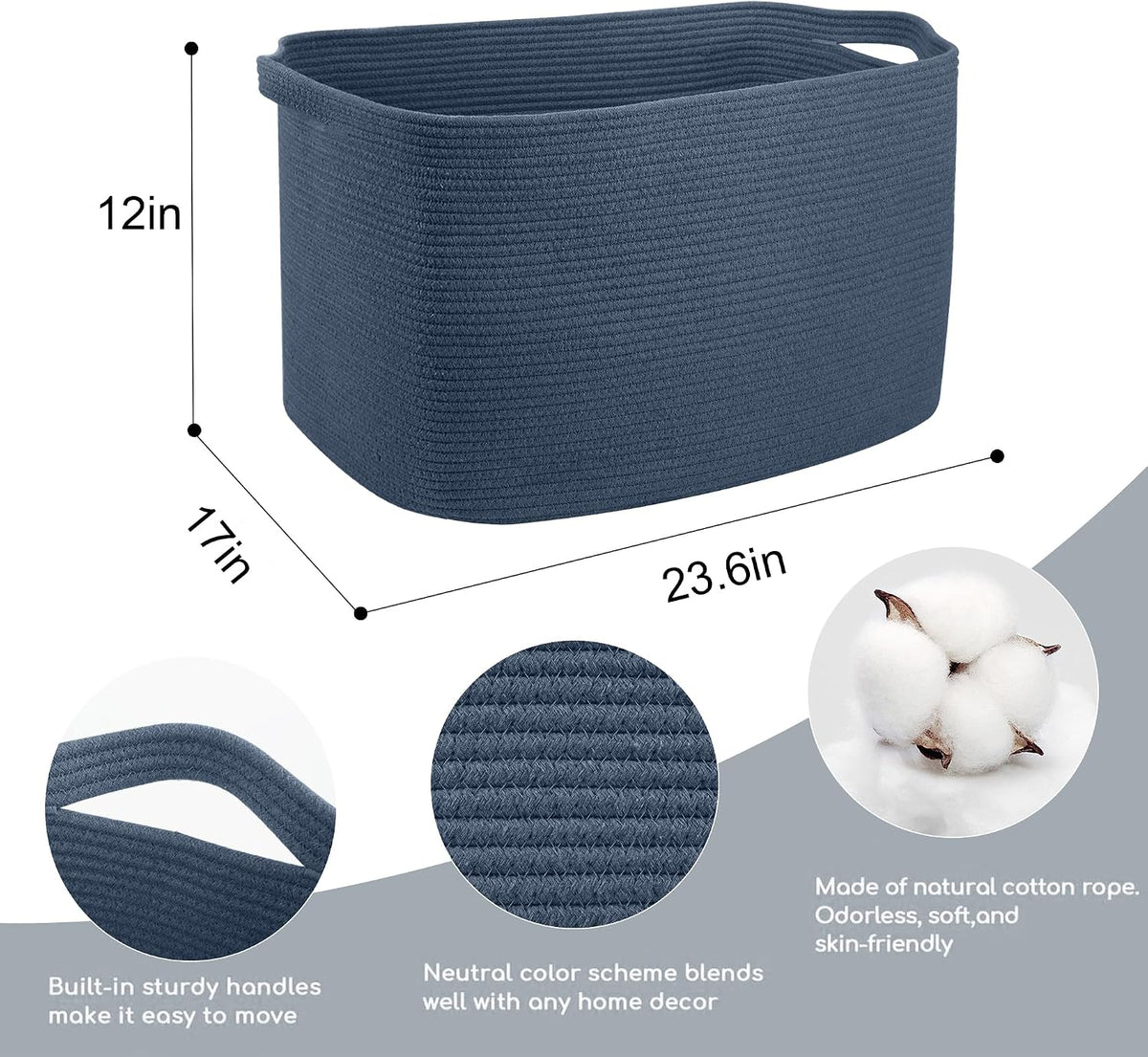MEGASKET Extra Large Rectangle Storage Basket, 23.6" x 17" x 12" Dark Blue Blanket Storage for Living Room, Large Woven Cotton Rope Storage Box, Soft Kids Toy Basket Organizer Bin, Big Wicker Basket