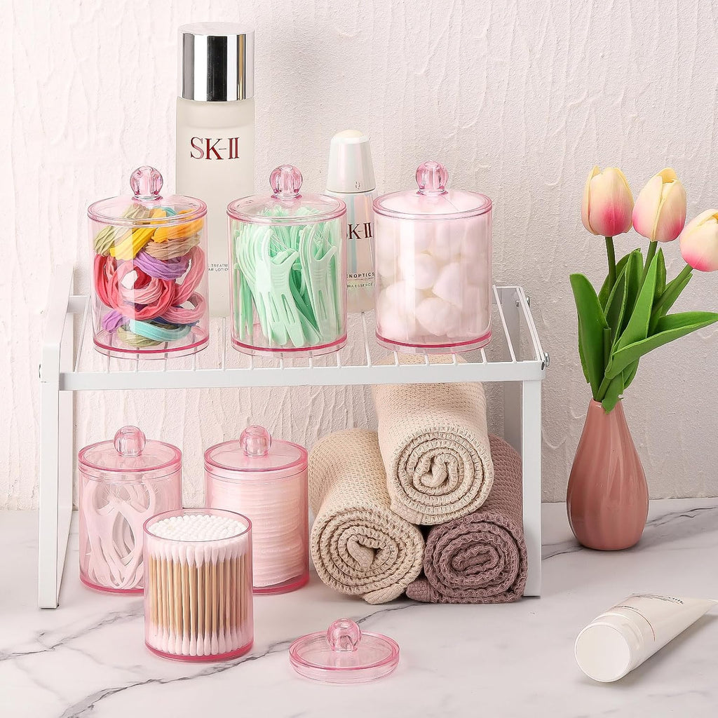 Tbestmax 6 Pack Qtip Holder - 12 oz, 10 oz Bathroom Organizer and Storage Containers, Plastic Apothecary Jars with Lids for Cotton Ball, Cotton Swab, Floss, Pink