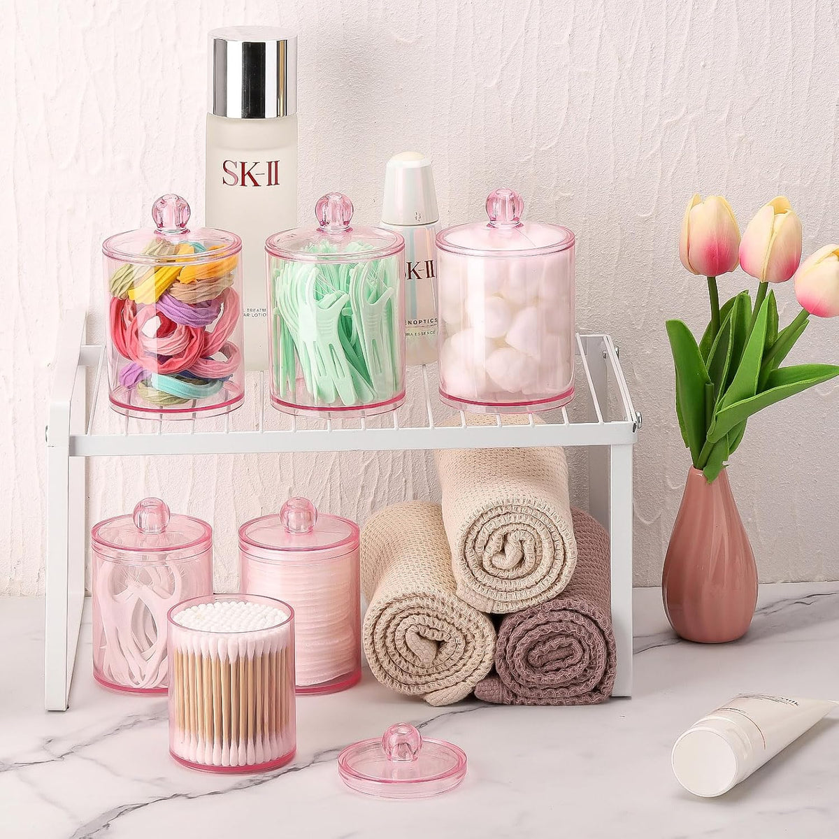 Tbestmax 6 Pack Qtip Holder - 12 oz, 10 oz Bathroom Organizer and Storage Containers, Plastic Apothecary Jars with Lids for Cotton Ball, Cotton Swab, Floss, Pink