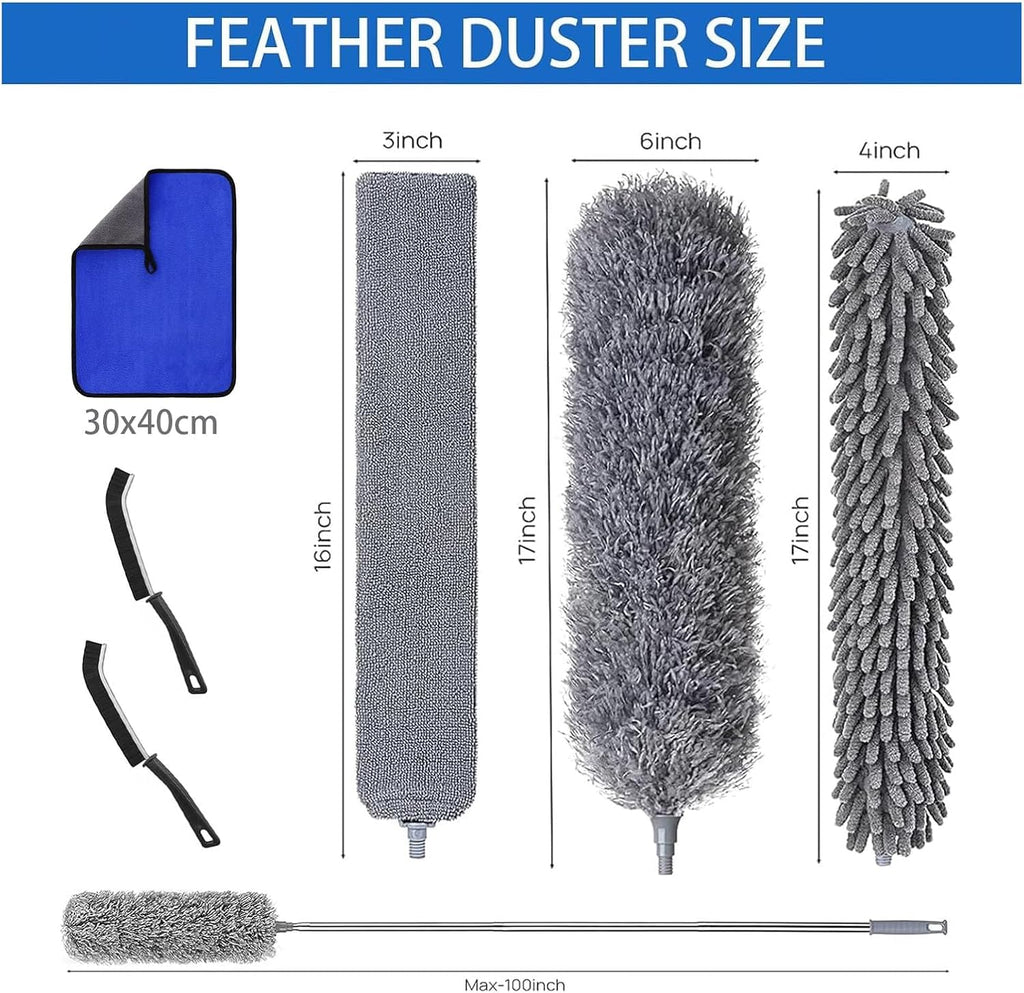 7 Pcs Microfiber Feather Duster with 100-inch Telescopic Extendable Pole, Washable and Reusable Cobweb Duster Kit, Dusters for Cleaning High Ceiling,Fan,Furniture,Blinds