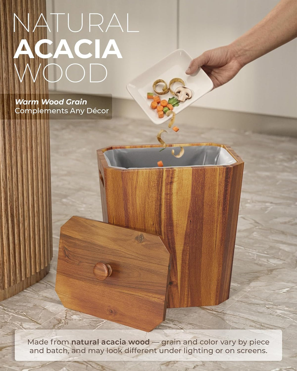 BLUEWEST Acacia Wooden Trash Can with Lid for Bathroom, Bedroom and Office