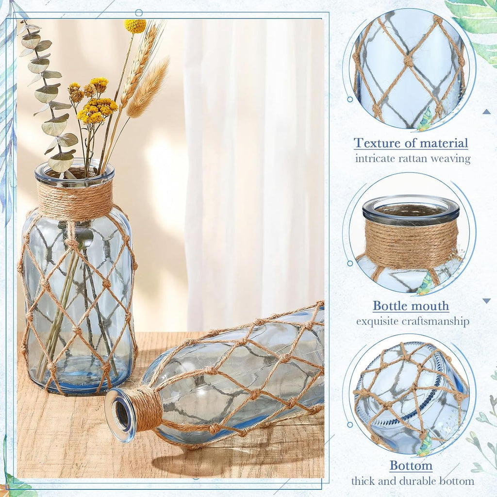 Chuangdi Set of 2 Coastal Glass Flower Vase with Boho Rope, Light Azure