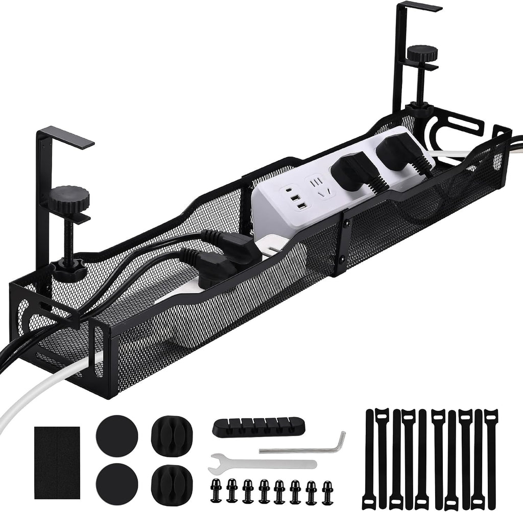 Under Desk Cable Management Tray 25.3 Inch, Clamp-On Cable Organizer Box for Standing Desks, No Drill Cord Management Under Desk, Large Desk Wire Organizer for Office & Home, Black
