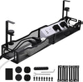 Under Desk Cable Management Tray 25.3 Inch, Clamp-On Cable Organizer Box for Standing Desks, No Drill Cord Management Under Desk, Large Desk Wire Organizer for Office & Home, Black