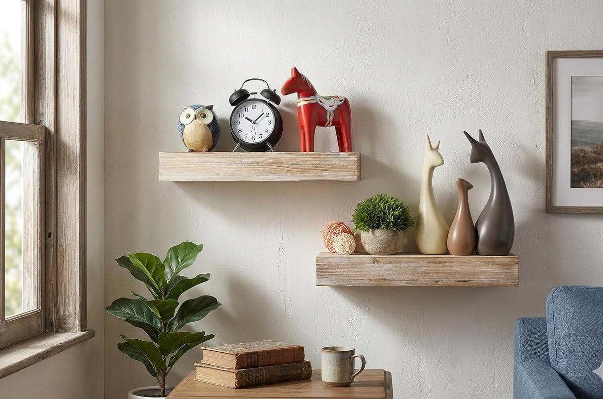 Wall-Mounted Floating Shelves - Set of 2, Solid Wood Rustic Grey, 16.5” W x 6” D x 2.5” H - Rustic Decorative Storage for Photos, Plants, Trophies & Books - Hardware Included