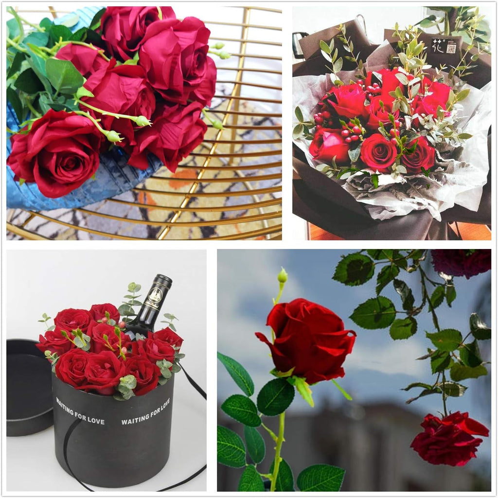 AnotherGifts Artificial Silk Rose Flower Bouquet Home Decor Wedding Party, Pack of 10 Wine Red Roses Exclusive Style…