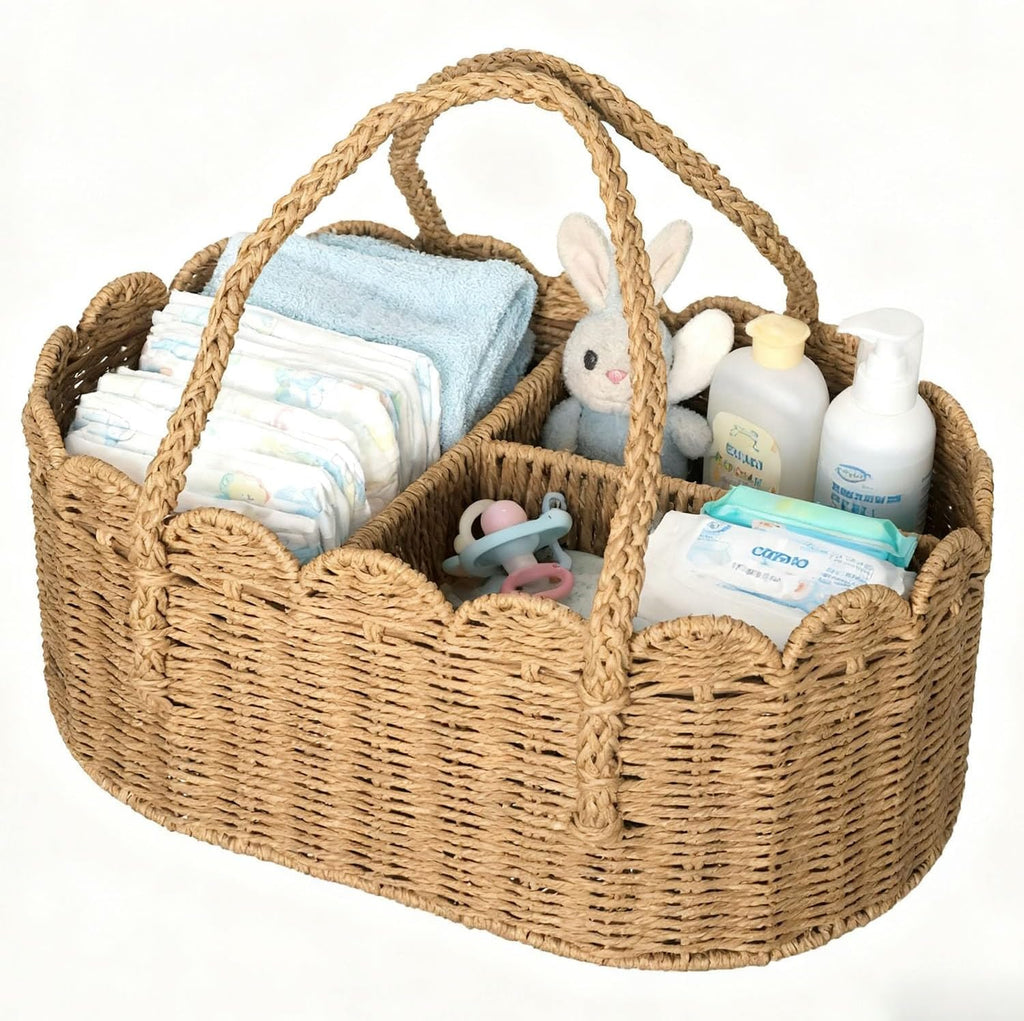 Diaper Caddy Organizer, Paper Rope Storage Baskets Nursery Bin with Removable Divider, Portable Car Organizer for Diapers, Baby Shower Gifts, Newborn Essentials Must Haves