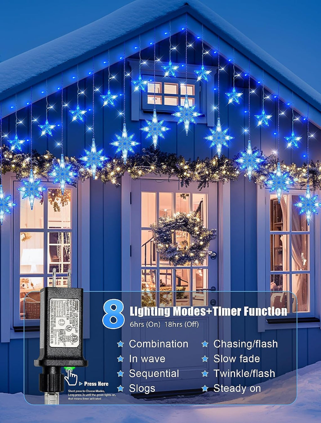Star Icicle Lights Outdoor,126 Led 12 Star Hanging String Light