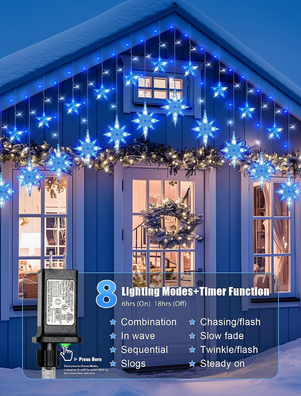 Star Icicle Lights Outdoor,126 Led 12 Star Hanging String Light