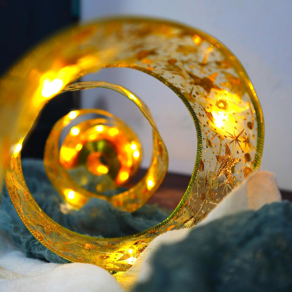 Christmas Ribbon Fairy Lights 33Ft 100 LED String Lights Battery Operated 2In Gold Foil Ribbon with Warm White Twinkle Firefly Lights Indoor Starry Holiday Decoration for Christmas Tree