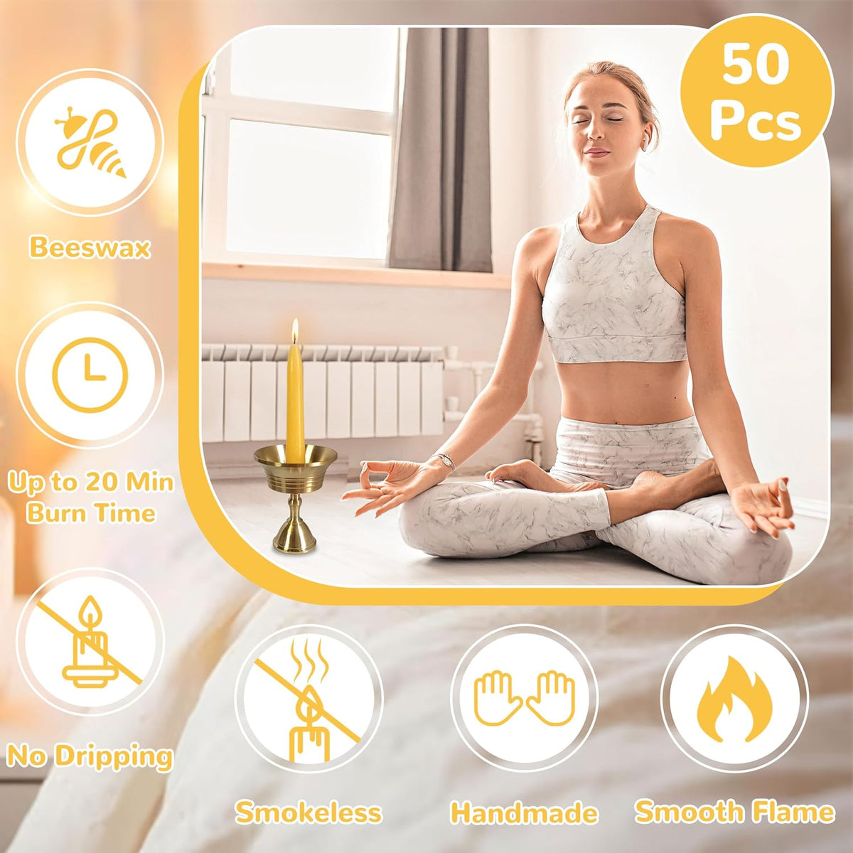 20 Min Beeswax Meditation Candles – 50 Pack, Includes Mini Candle Holder & 12 Wax Dots, Slow Burn, Natural Unscented, Yoga Prayer Mindfulness & Relaxation