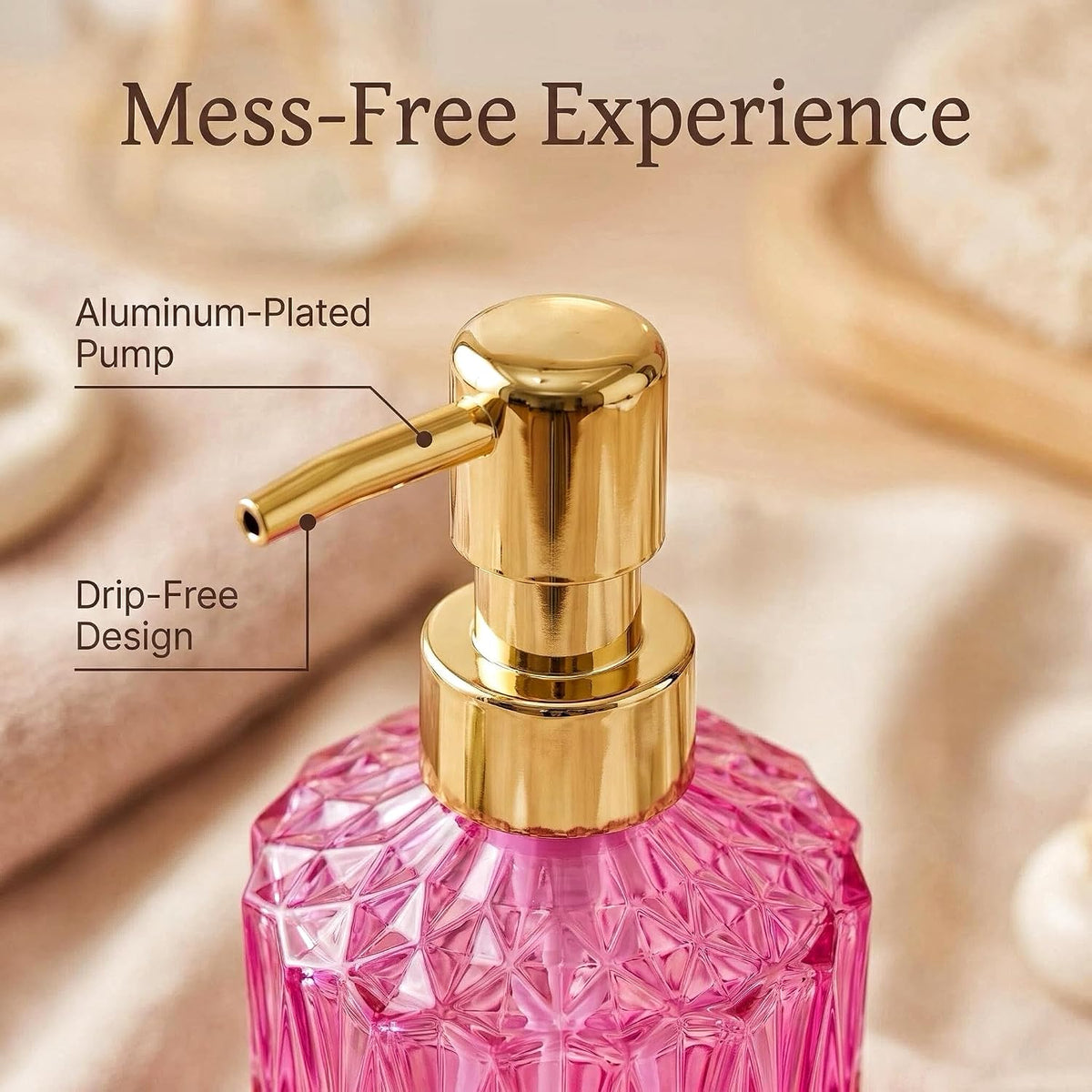 LaMarriti Pink Glass Soap Dispenser with Gold Rust Proof Pump, Refillable Thick Glass Kitchen Soap Dispenser, Lotion Dispenser Bathroom for Hands Soap, Dish Soap, Body Wash