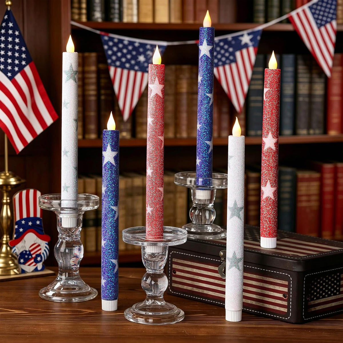 6 Pcs Patriotic Flameless Taper Candles, Glitter Red White and Blue Star Candles for 4th of July 250th Anniversary of Independence Day Home Party Decor, Battery Operated LED Candlesticks