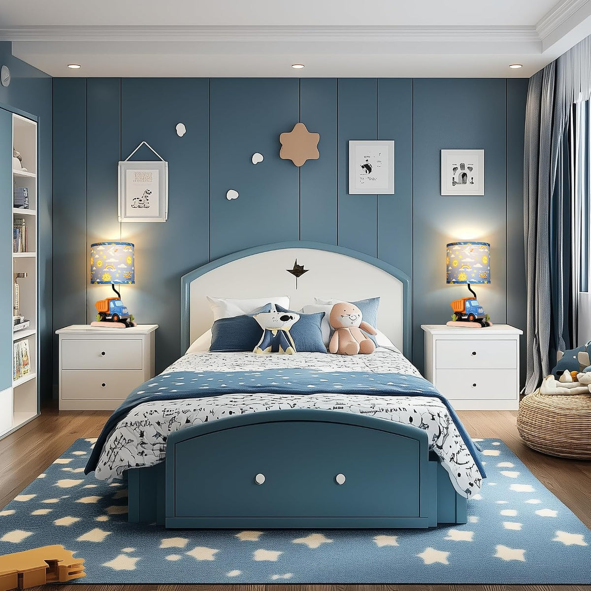 Hamucd Car Bedside Table Lamp for Kid, Truck Nursery Lamp for Boy Girl Bedroom Nightstand Study Room,Cute Desk Lamp with Blue Lampshade for Toddler Playing Room Classroom Decor,1 LED Bulb Included