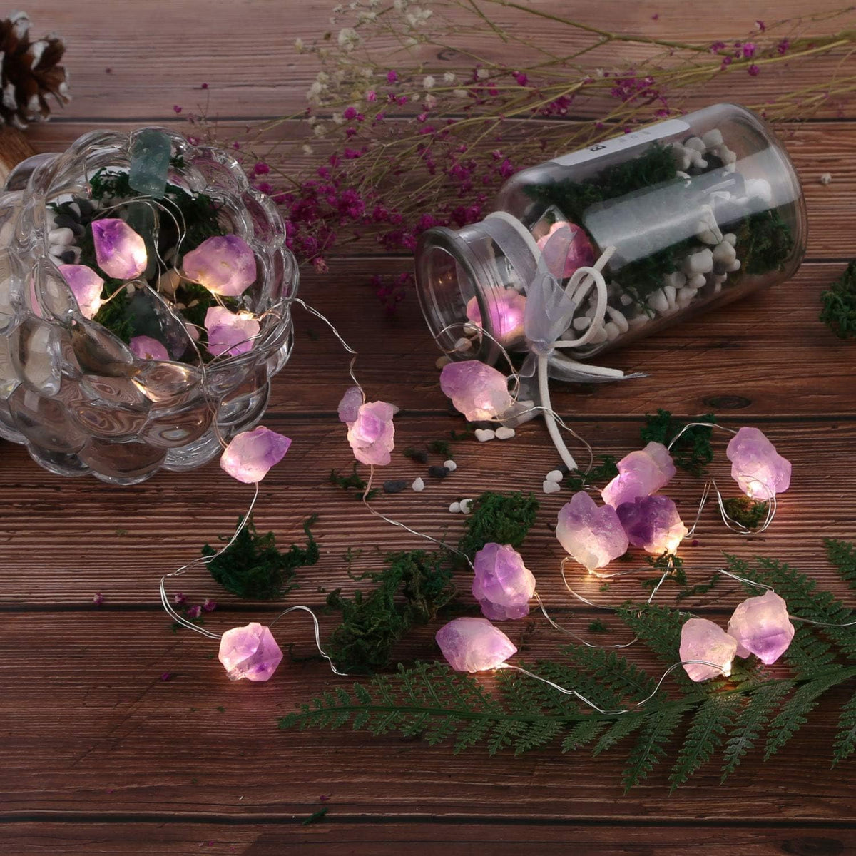 Natural Amethyst Decorative Lights Crystal Indoor String Lights Raw Stones 8.5feet 20LEDs with Remote Control, Hanging Healing Reiki Ornaments Battery Operated for Room Wedding Valentines Day Decor