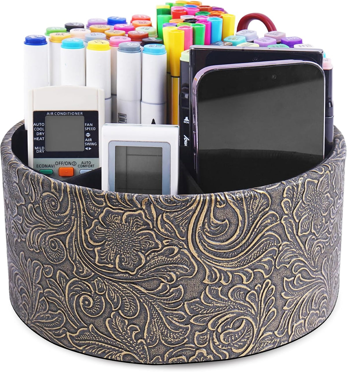 lizimandu Remote Control Holder, 360°Spinning PU Leather Desk TV Remote Caddy,Desk Storage Box Room Accessories for Controller, Media,Mail,Calculator, Mobile Phone,Pencil(1B-Carved Cooper Gold)