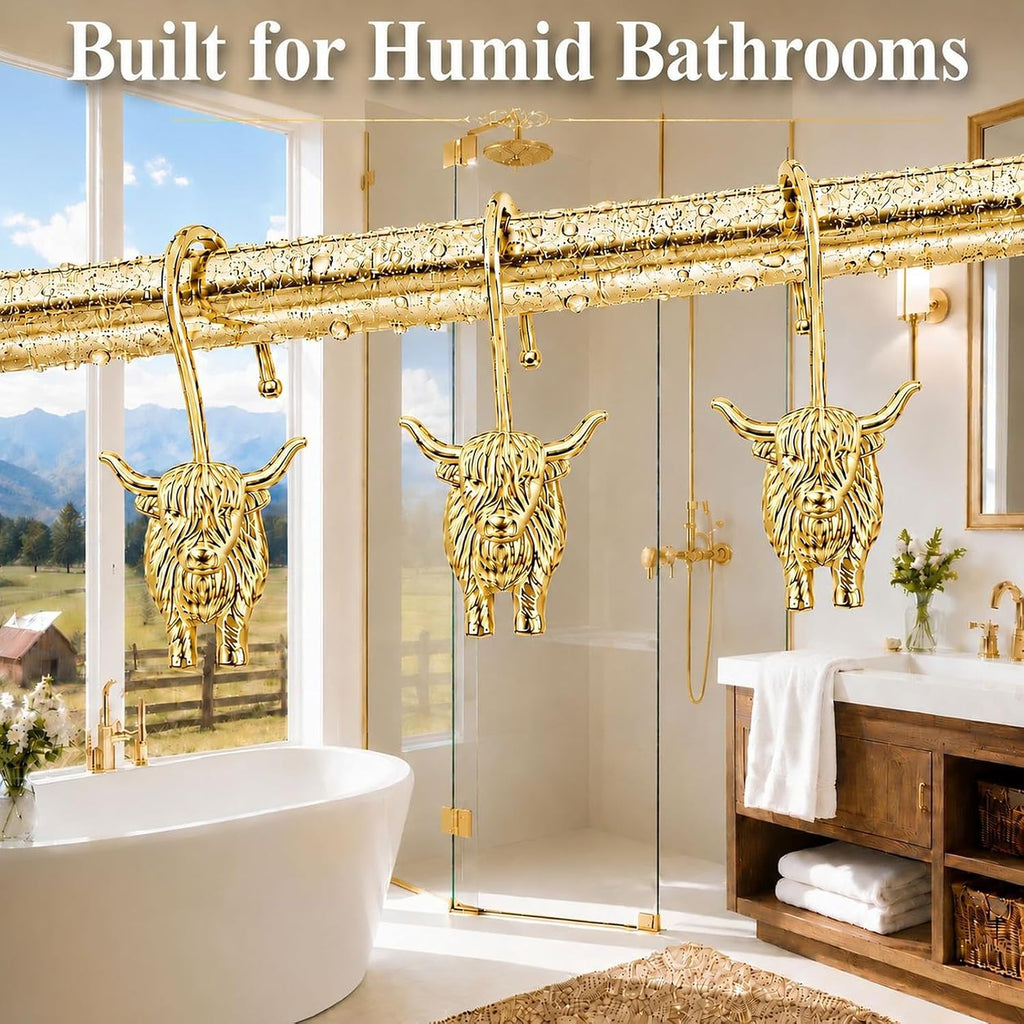 Highland Cow Shower Curtain Hooks, Rust-Resistant Zinc Alloy Metal Hooks, Farmhouse Bathroom Decor, 12 Pack (Gold)