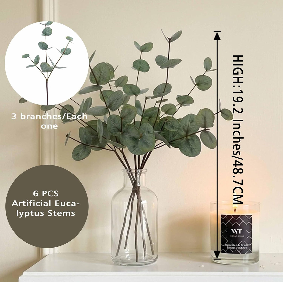 WEALD TRIBE 6PCS 19.2" Artificial Eucalyptus for Shower Stems Branches