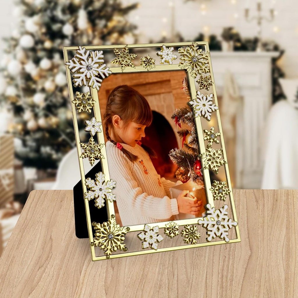 GUOER Christmas Decorations Photo Frame 4x6 Inch Snowflake Christmas Metal Photo Display Picture Photo Frames with High Definition Glass Front Gift Ideas Tabletop Home Decorative (Golden)