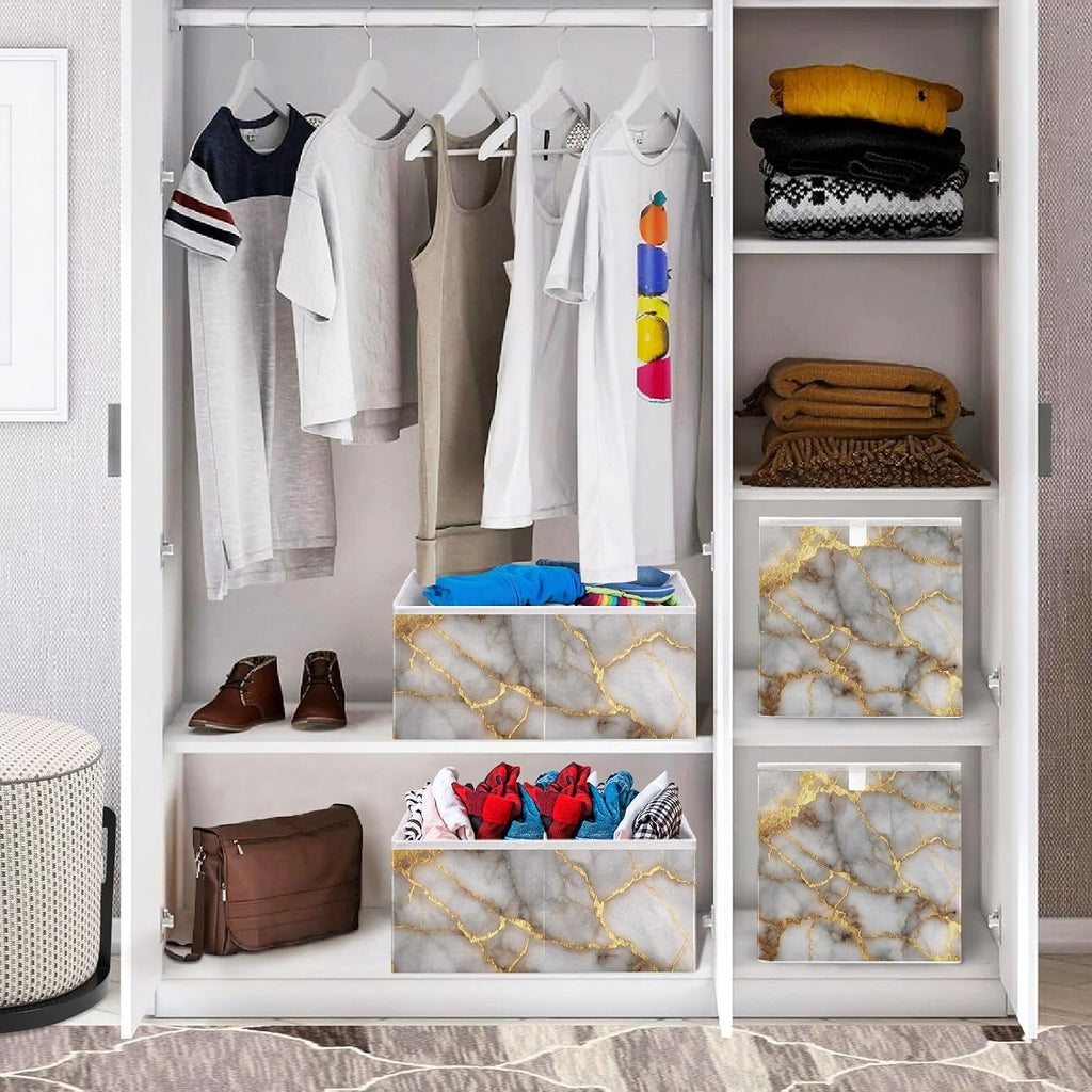 Gold Marble Pattern Cube Storage Bins Collapsible Fabric Storage Baskets