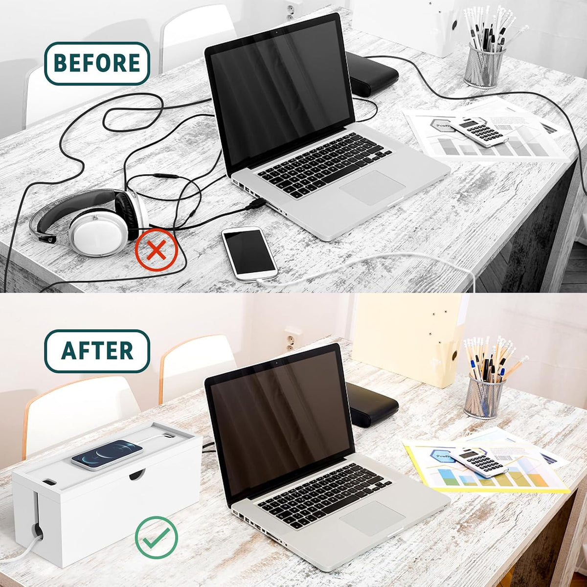 Bamboo Cable Management Box, Large Cord Organizer Box Cable Box to Hide Wires & Power Strips for Desktop Storage Cord Holder for Office Home,No Assembley Required (All White, 2 Packs(M+L))