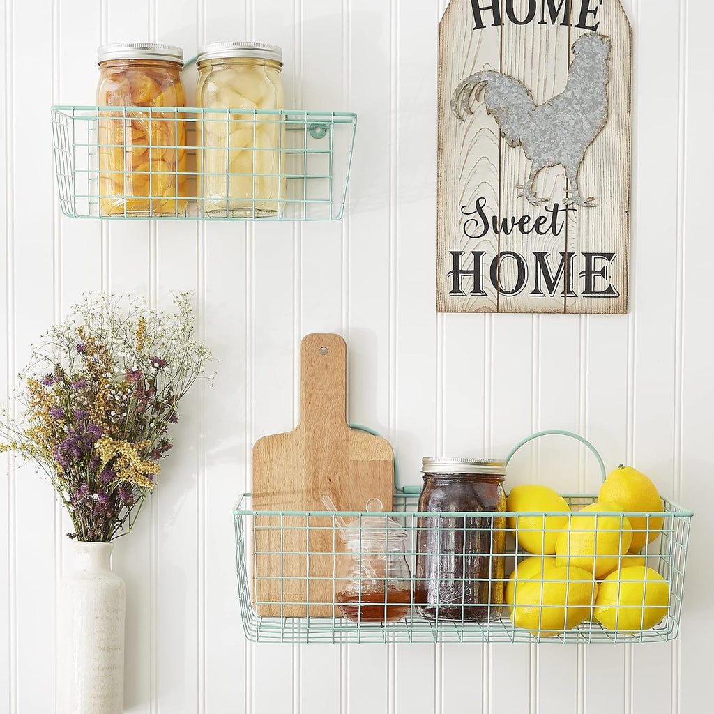 DII Farmhouse Vintage Decor, Wire Wall Basket, Assorted, Aqua, 2 Piece