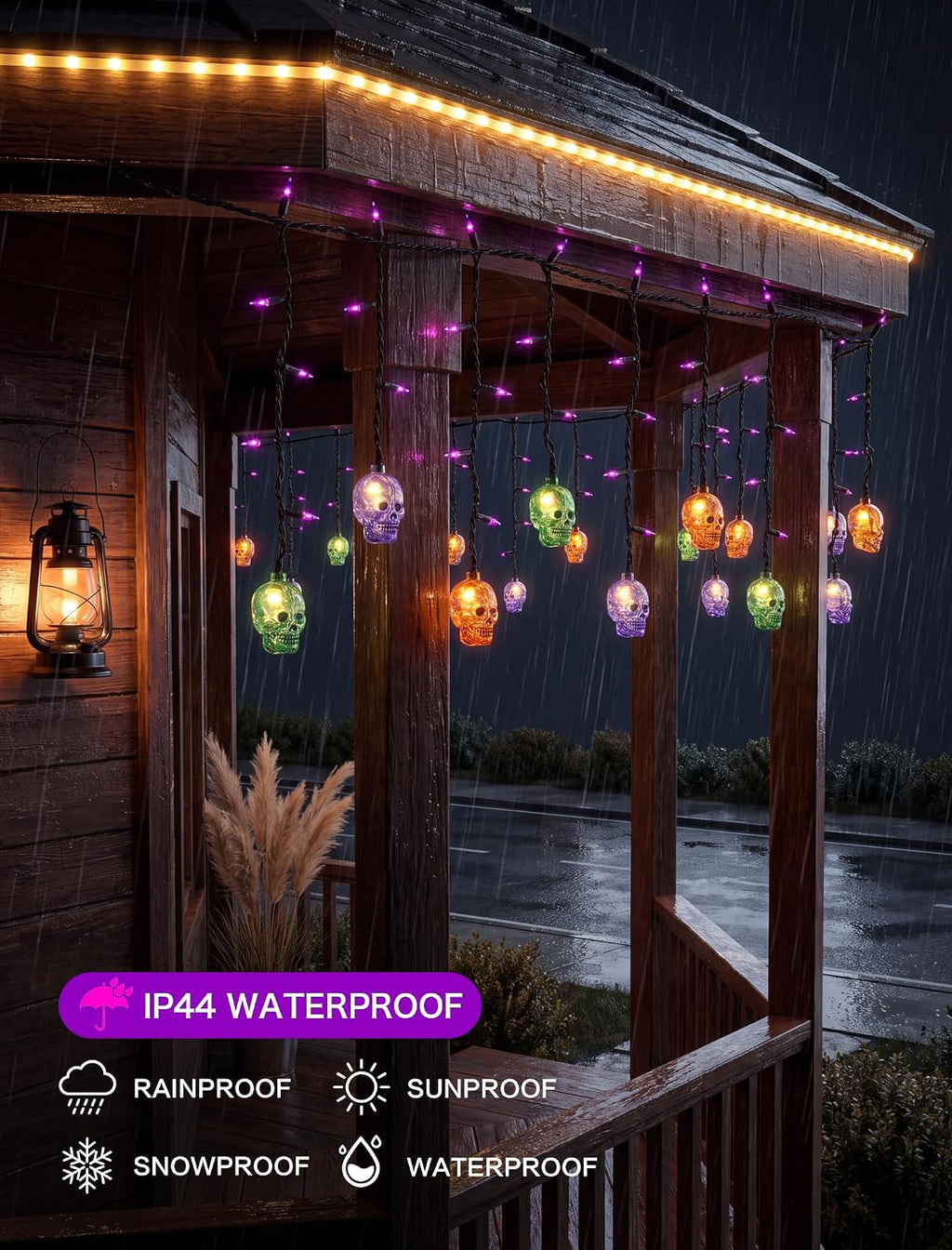SUNSGNE 7FT 50 Count LED Halloween Skull Curtain Lights, Plug-in