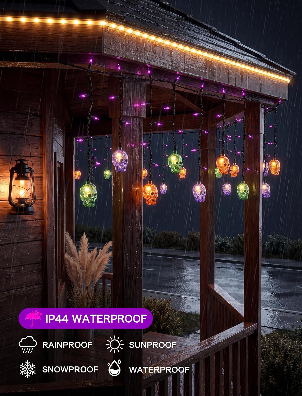 SUNSGNE 7FT 50 Count LED Halloween Skull Curtain Lights, Plug-in