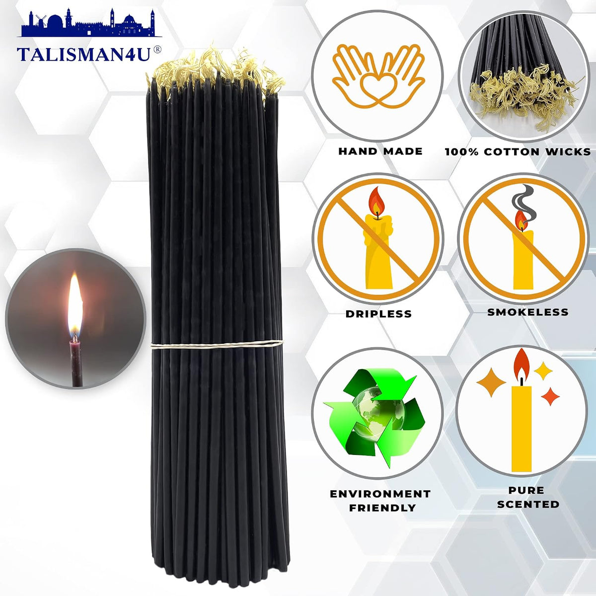 TALISMAN4U 50 Black Beeswax Taper Prayer Candles 11inch Holy Land Jerusalem