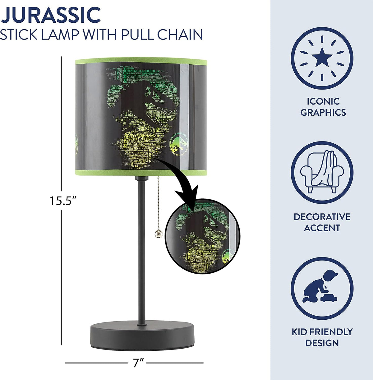 Jurassic World Stick Table Kids Lamp, with Pull Chain, Themed Printed Decorative Shade,Metal