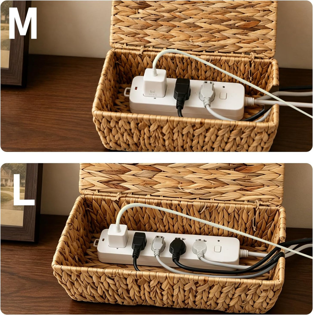 Cable Management Box Set of 2, Cord Organizer for Power Strip | Handwoven Water Hyacinth Storage Basket with Reinforced Metal Frame, Decorative Home Organizer for Desk & Office