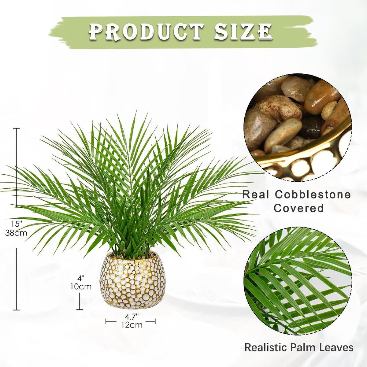Briful Fake Plants 15'' Faux Palm Plant in Gold-White Pot | Realistic Tropical Artificial Plants Indoor for Home Farmhouse Mini Palm Tree Centerpieces for Tables Outdoors Kitchen Top Decor