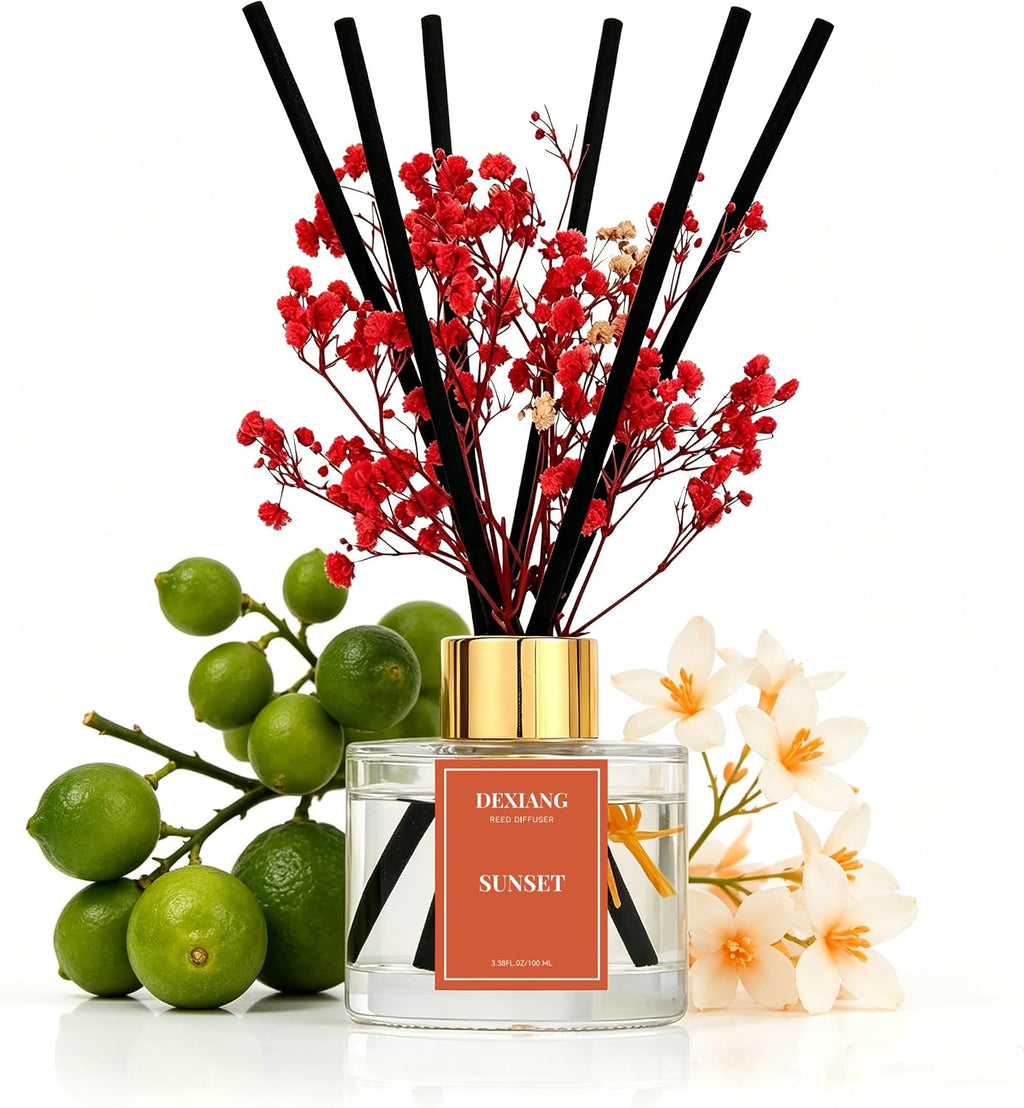Reed Diffuser Set,3.38 fl oz (100 ml) Sunset Oil Diffusers with 6 Reed Sticks for Bathroom Shelf Decor Home Fragrance Reed Diffuser