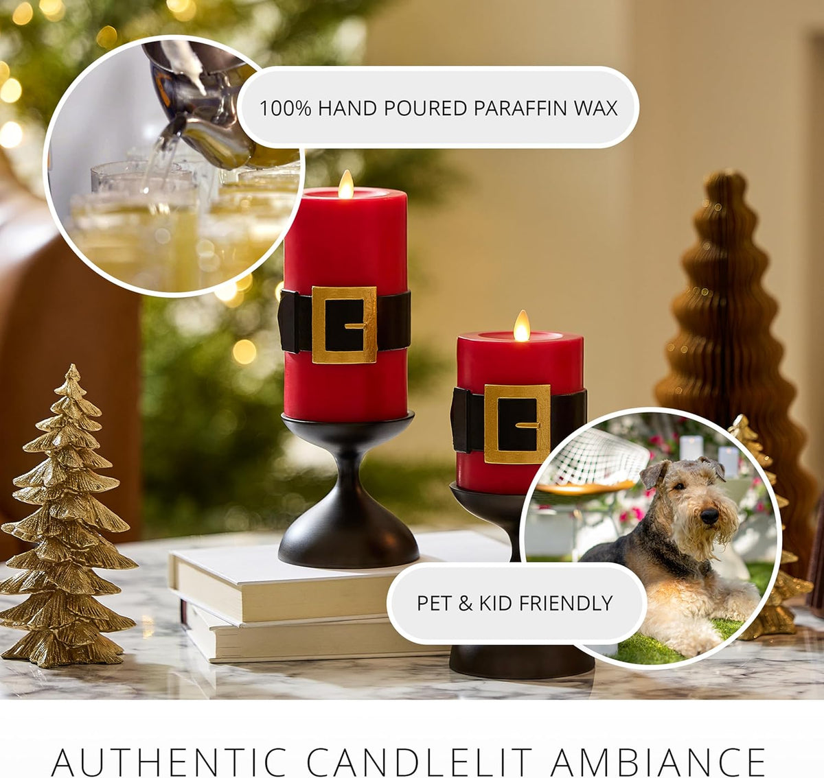 Luminara Flickering Flameless LED Candle, Battery Operated, Timer Function, Remote Ready (Sold Separately), Red Santa Belt 3.4" x 6.5" Pillar, Unscented Real Wax Moving Flame, Christmas Holiday Decor