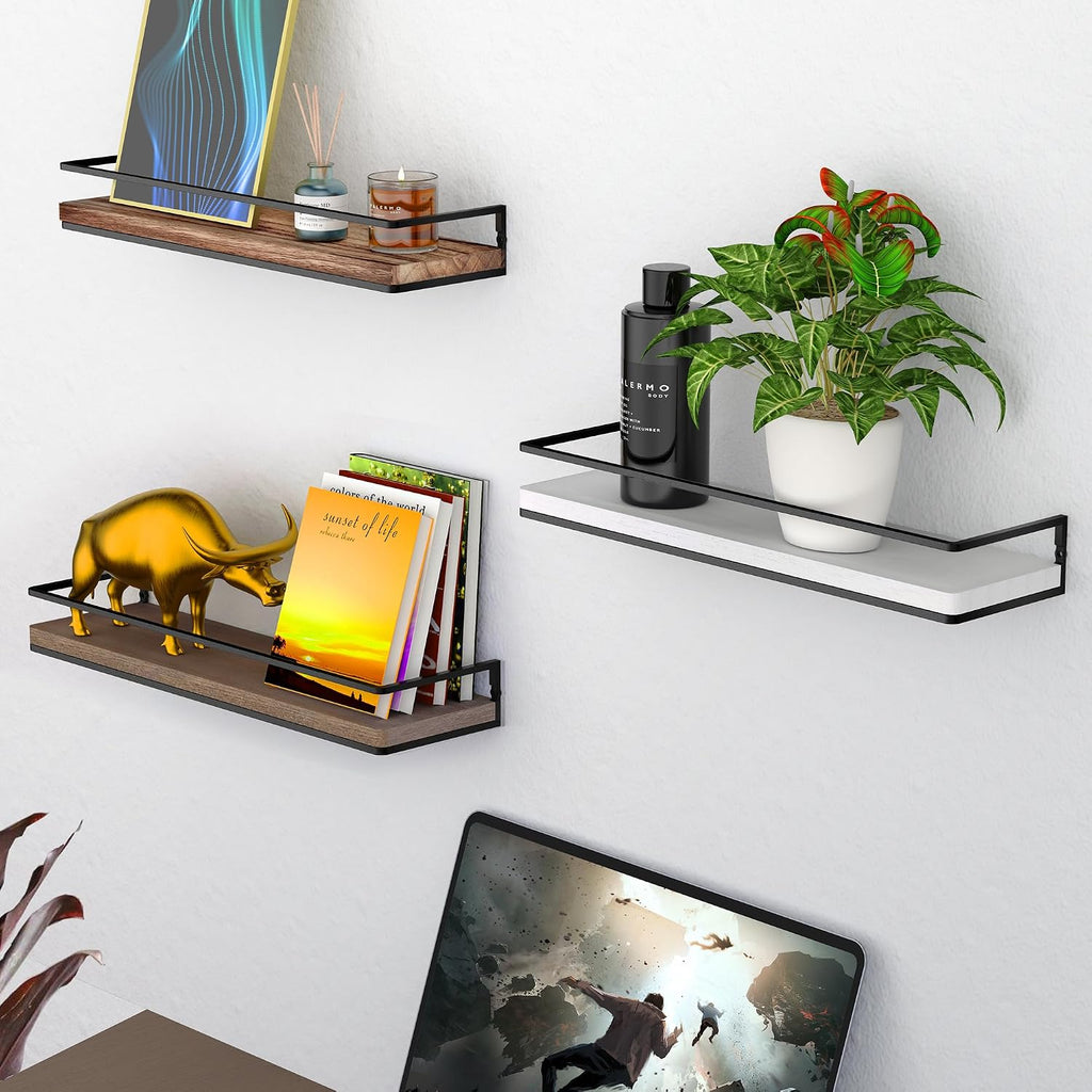 Meangood Walnut Floating Shelves for Wall, 17 inch Bathroom Shelf, Set of 2